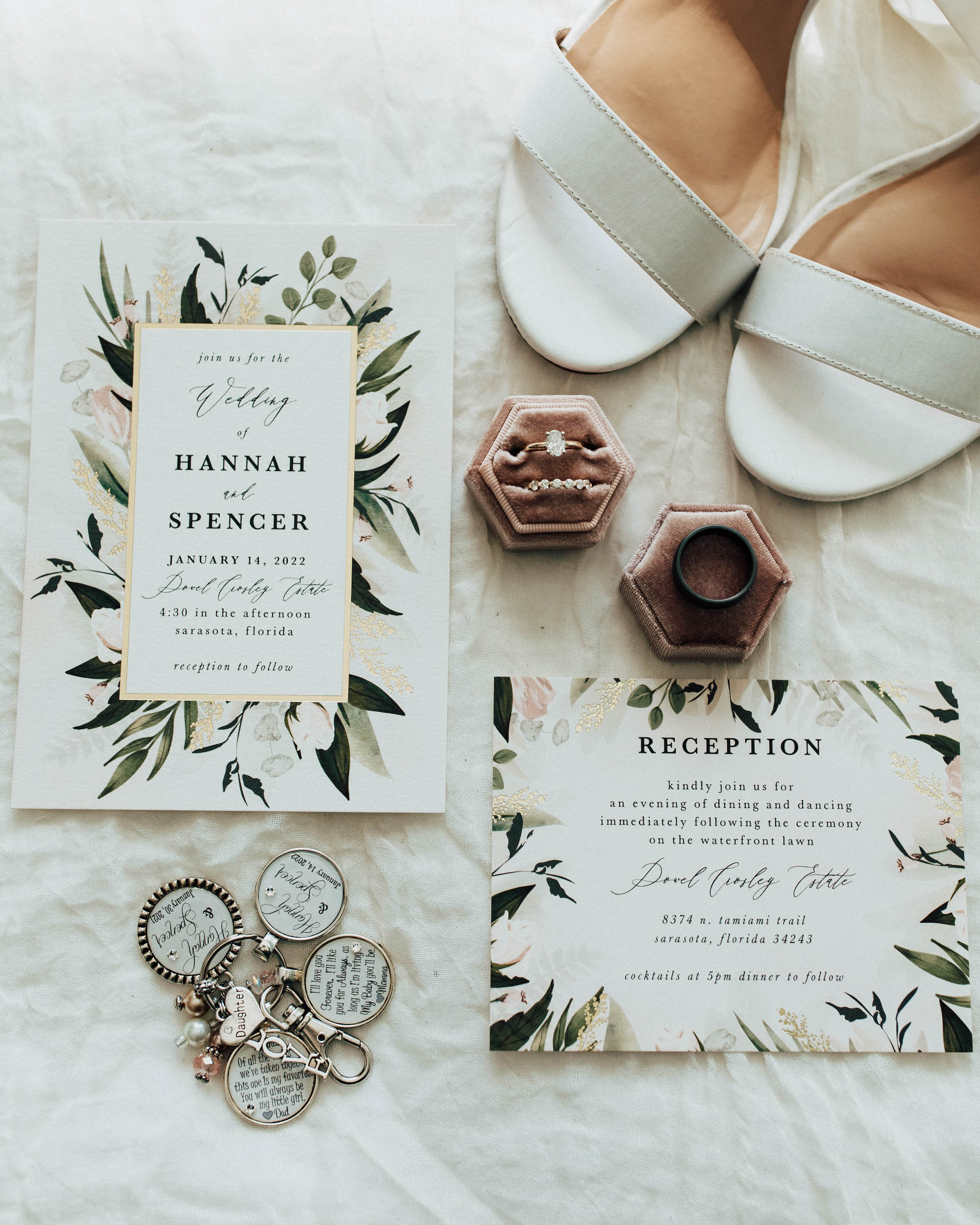 Elegant Green and Floral Invitations | Velvet Ring Box | Open Toed White Wedding Shoes