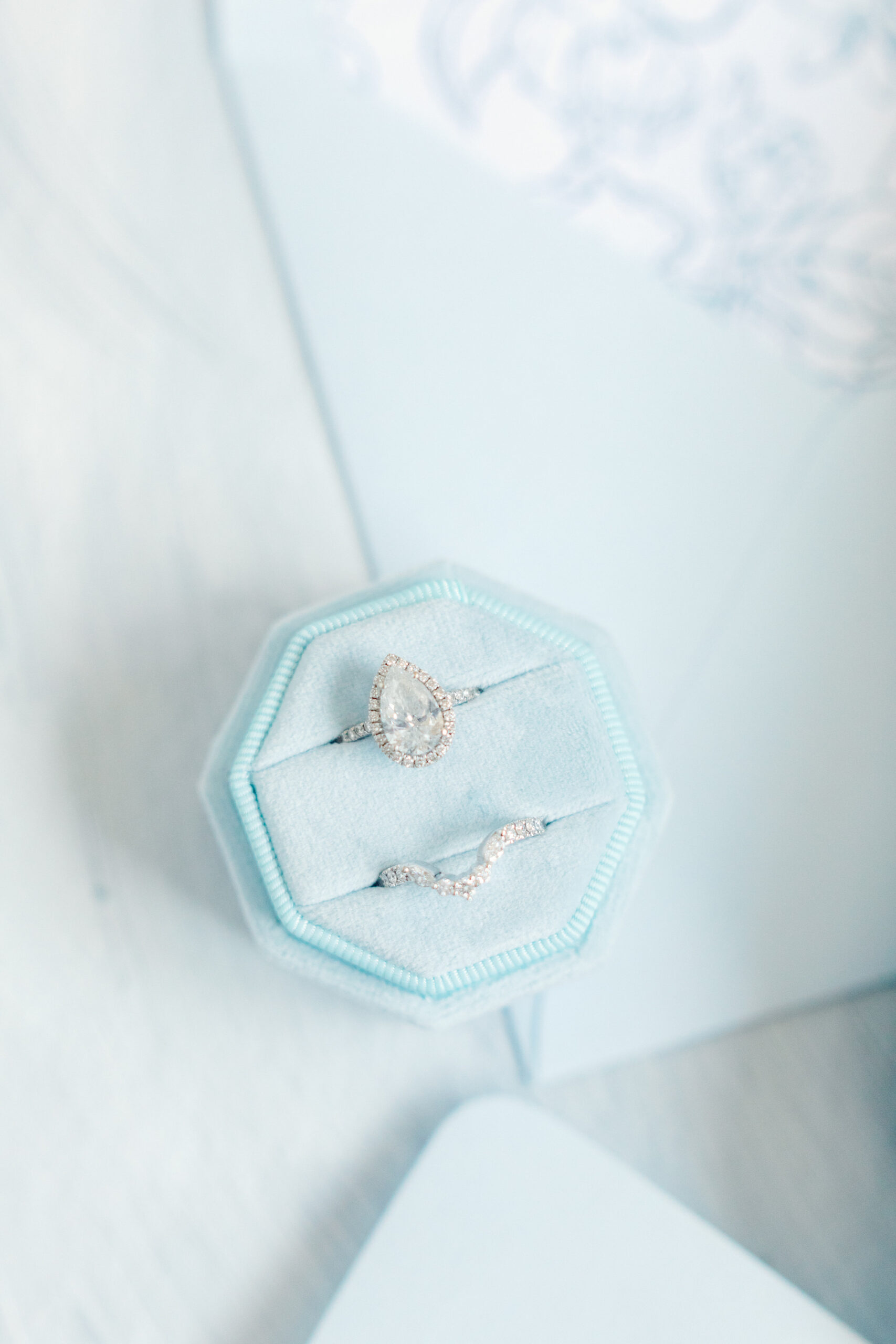 Romanic Pastel Light Dusty Blue Engagement and Wedding Ring Box | Pear Cut Engagement Ring with Halo