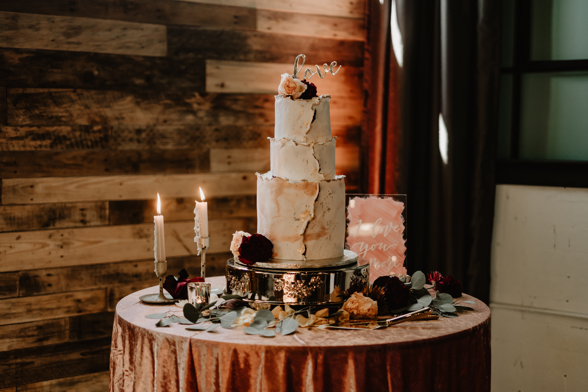 Modern Boho Three-Tiered Ombre Textured Cake with Gold Metallic Flakes