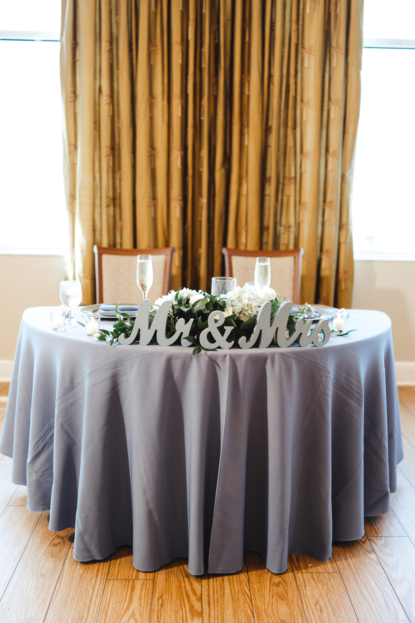 Sweetheart Wedding Reception Head Table Ideas | Dusty Blue Linens | Mr. and Mrs. Table Decor