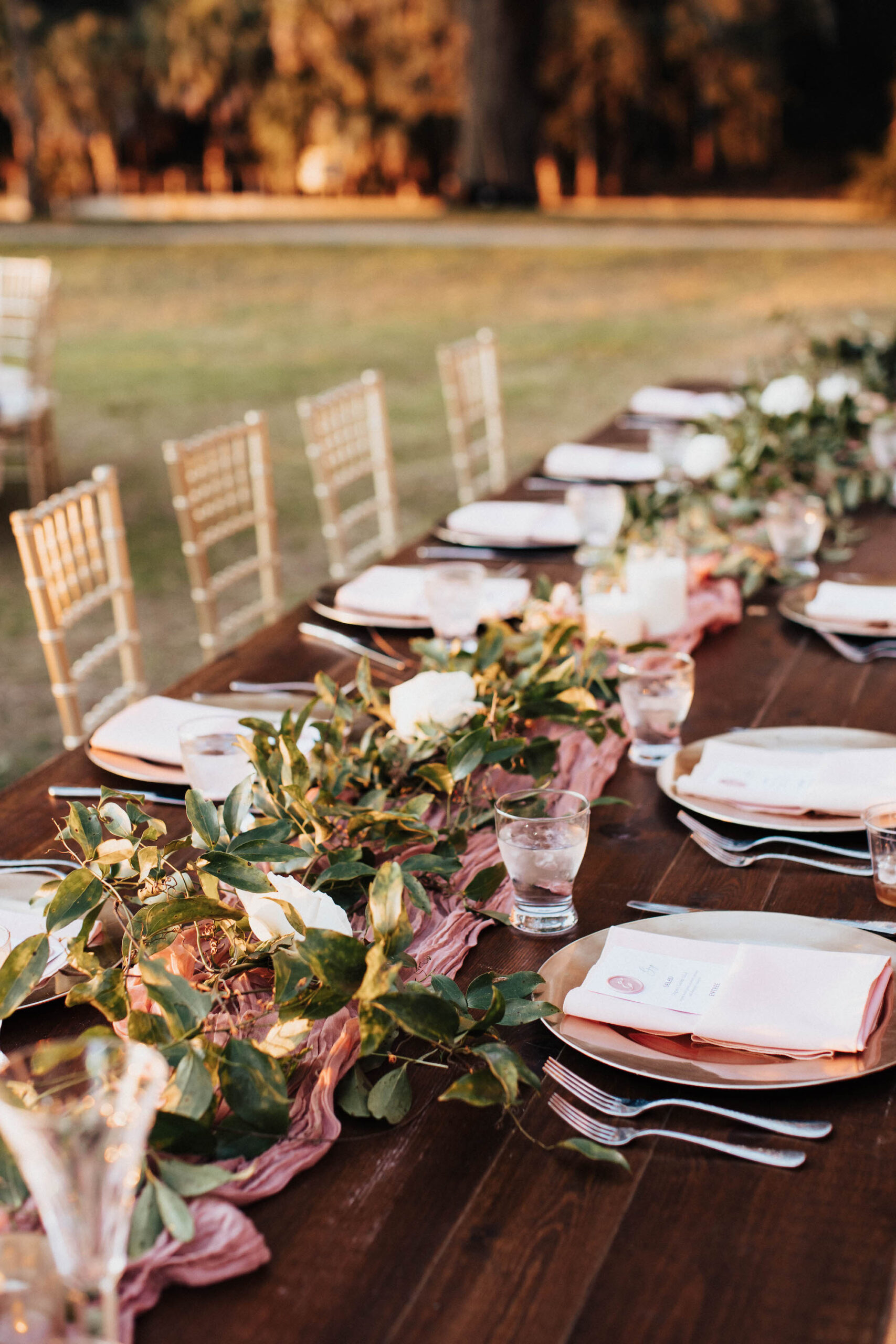Wooden Tablescape with Greenery Details and Golden Touches | Romantic Outdoor Garden Wedding Reception