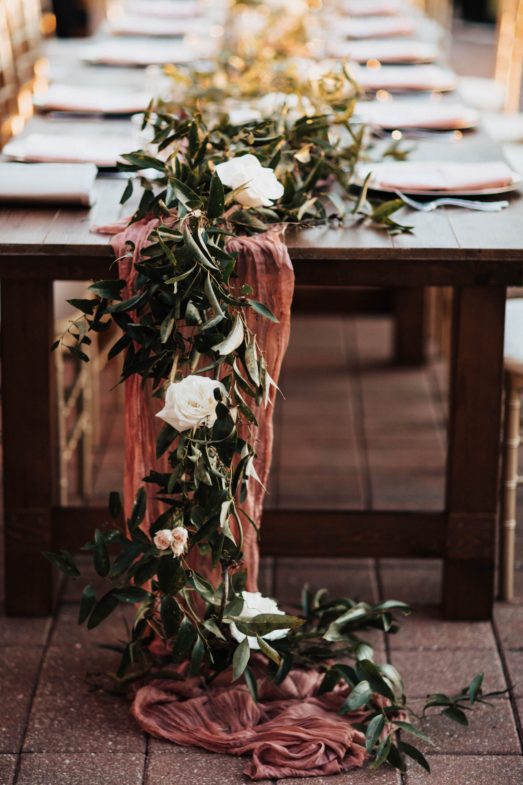 Greenery and Floral Greenery Garland on Mauve Table Runner | Boho Rustic Wedding Decor