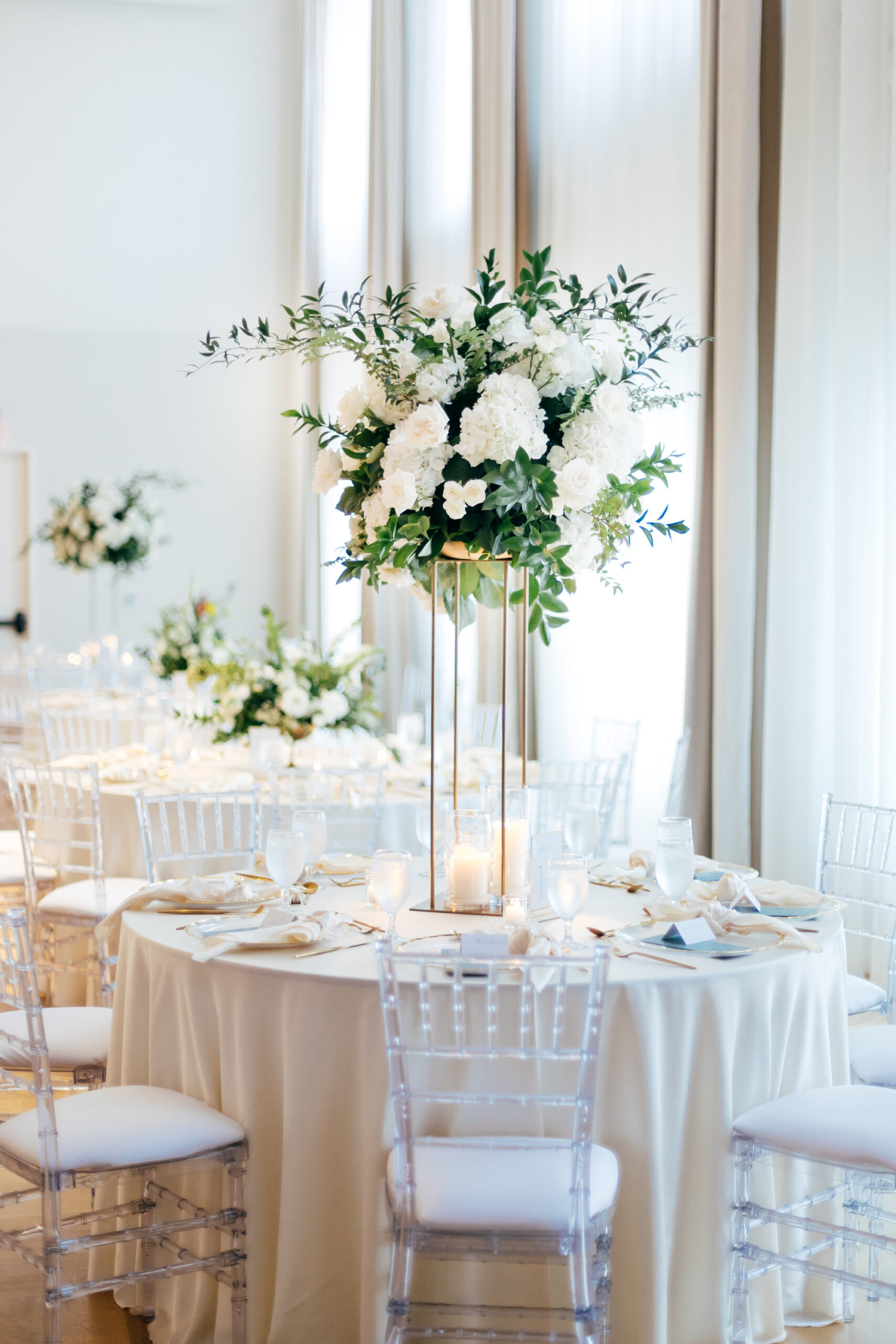 Romantic White and Green Table Centerpieces with Tall Gold Column Stand | Neutral Cream Linens | Tampa Bay Florist Bruce Wayne Florals