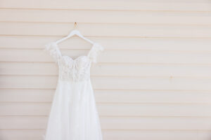 White Lace and Chiffon Off-Shoulder Corset A line Wedding Dress