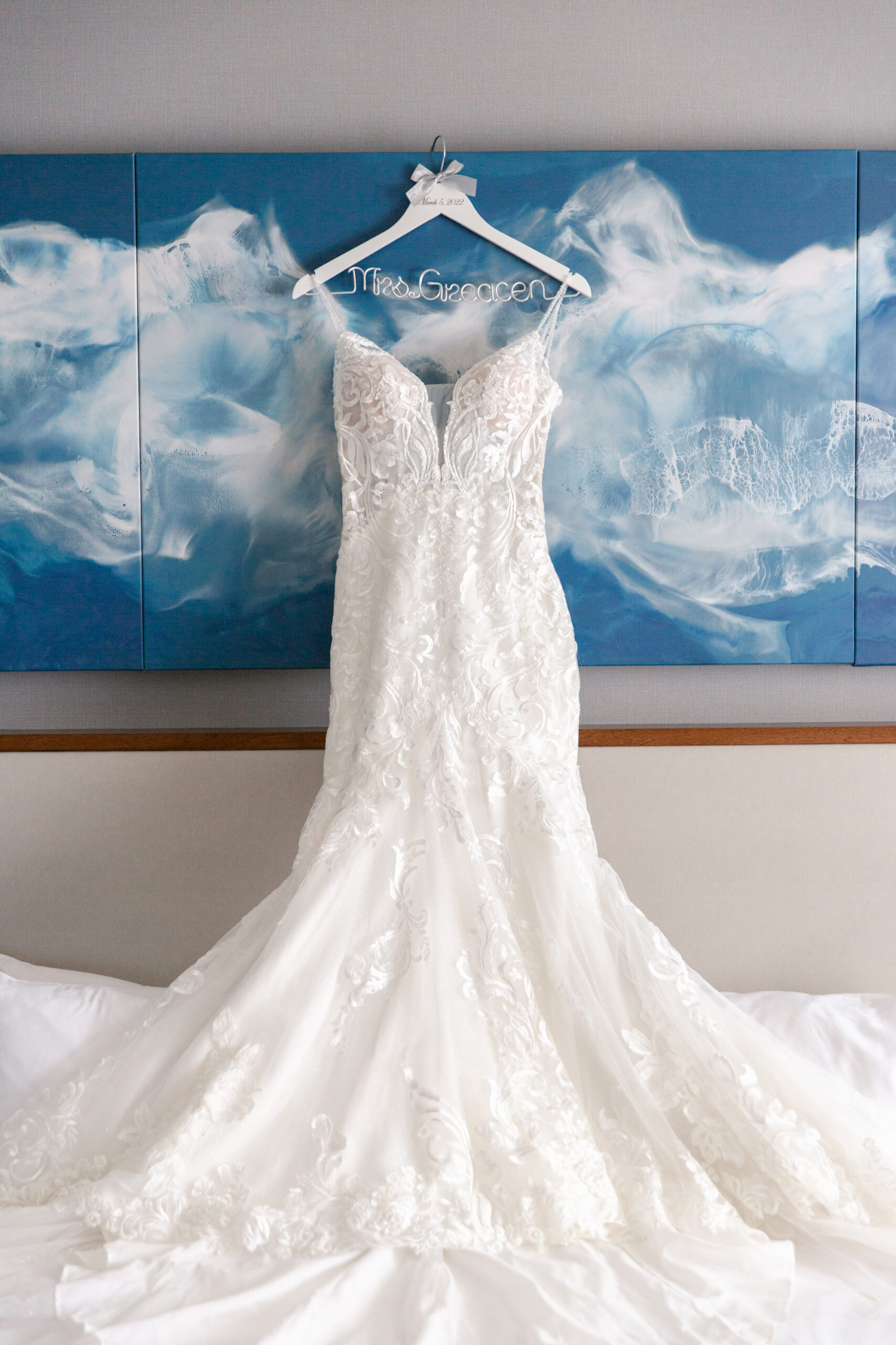 Wedding Dress Hanging with Custom Last Name Hanger, Fit and Flare Lace Embroidered Gown with Deep V Neckline