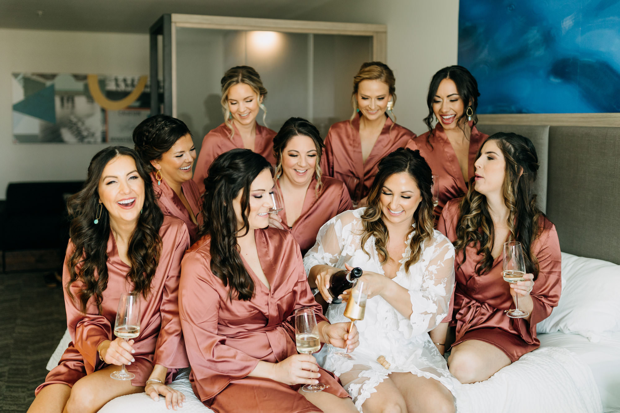 Wedding Bridal Party Champagne Celebration with Matching Dusty Rose Bridesmaids Robes