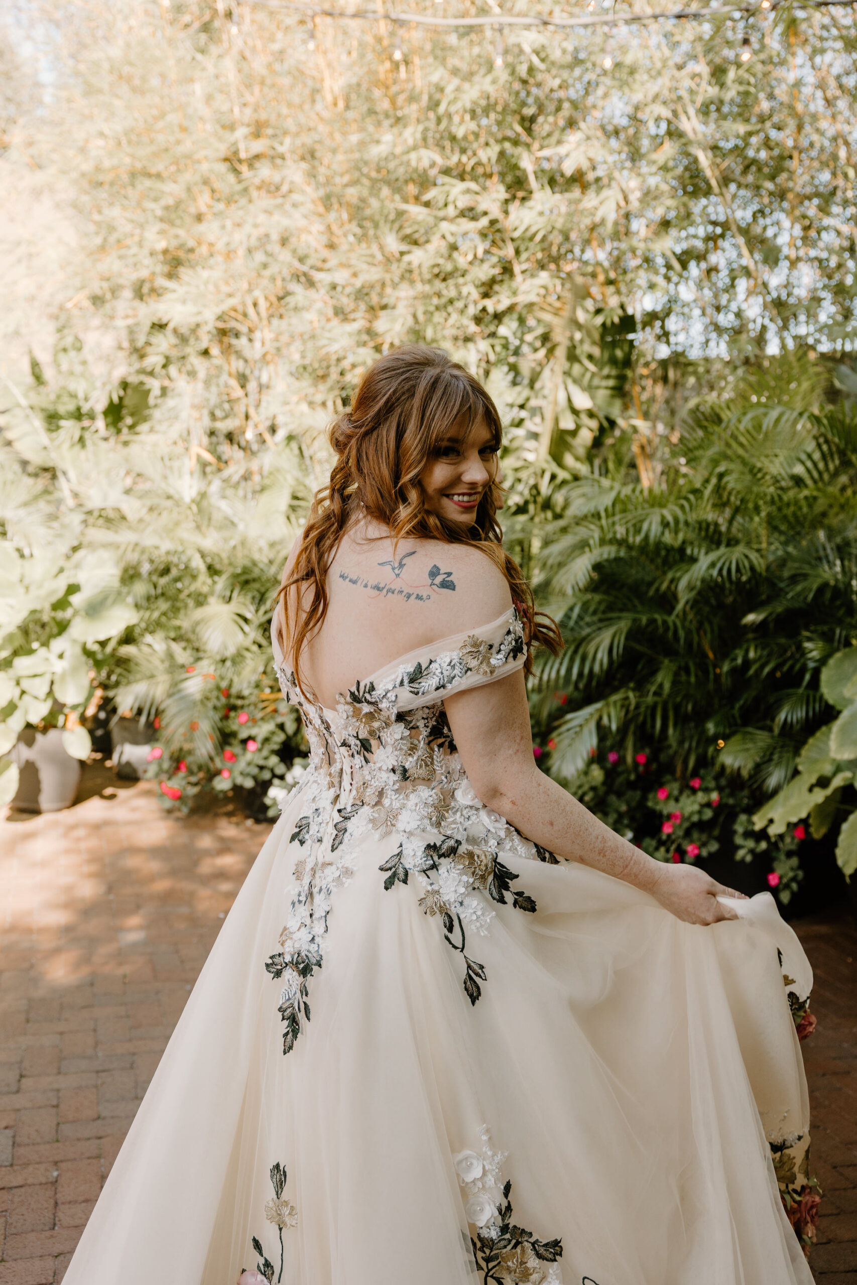 Off the Shoulder Nude and Red, White, Green, and Blush Pink Floral Applique A-Line Wedding Dress with Chapel Length Train