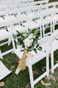 Modern Classic White Wedding Ceremony Folding Garden Chairs with White Roses and Greenery Aisle Decor Inspiration
