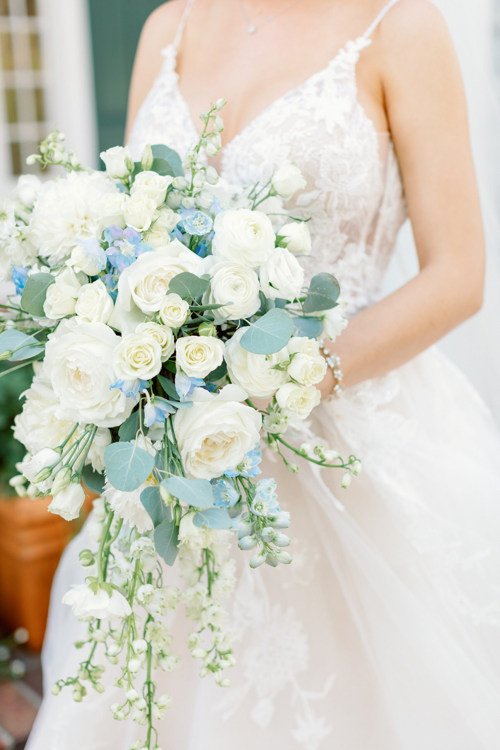 White Spray Roses, White Garden Rose, Eucalyptus, and Blue Delphinium Bridal Wedding Bouquet | Sarasota Florist Botanica Design Studio
