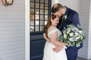 Bride and Groom First Look Wedding Portrait | Blue and White Rose Wildflower Eucalyptus Bridal Bouquet