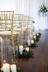 Candlelit Wedding Aisle Decor Ideas | Pillar Candles and Hurricane Tubes| Gold Chiavari Chairs