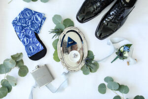 Tungsten Silver Wedding Band | Triangular Ring Box | Custom Personalized Flask Groomsman Gift Inspiration | Tampa Bay Lighting Socks and Cuff Links | Black Oxford Tuxedo Shoe Ideas