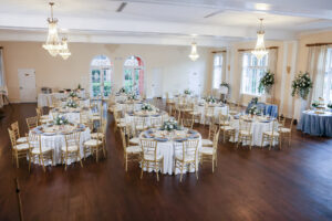 Classic Indoor Ballroom Pastel Blue and White Wedding Reception | Historic Tampa Bay Venue The Orlo | Caterer Olympia Catering