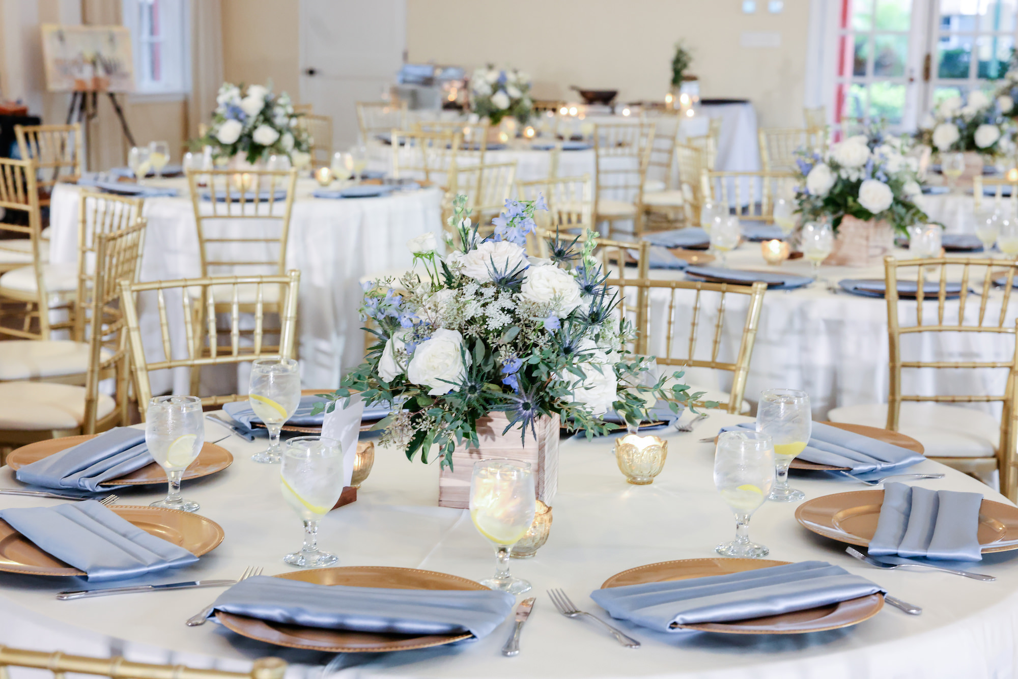 Classic White and Blue Wedding Reception Table Decor Inspiration | Rose and Wildflower Centerpiece Ideas