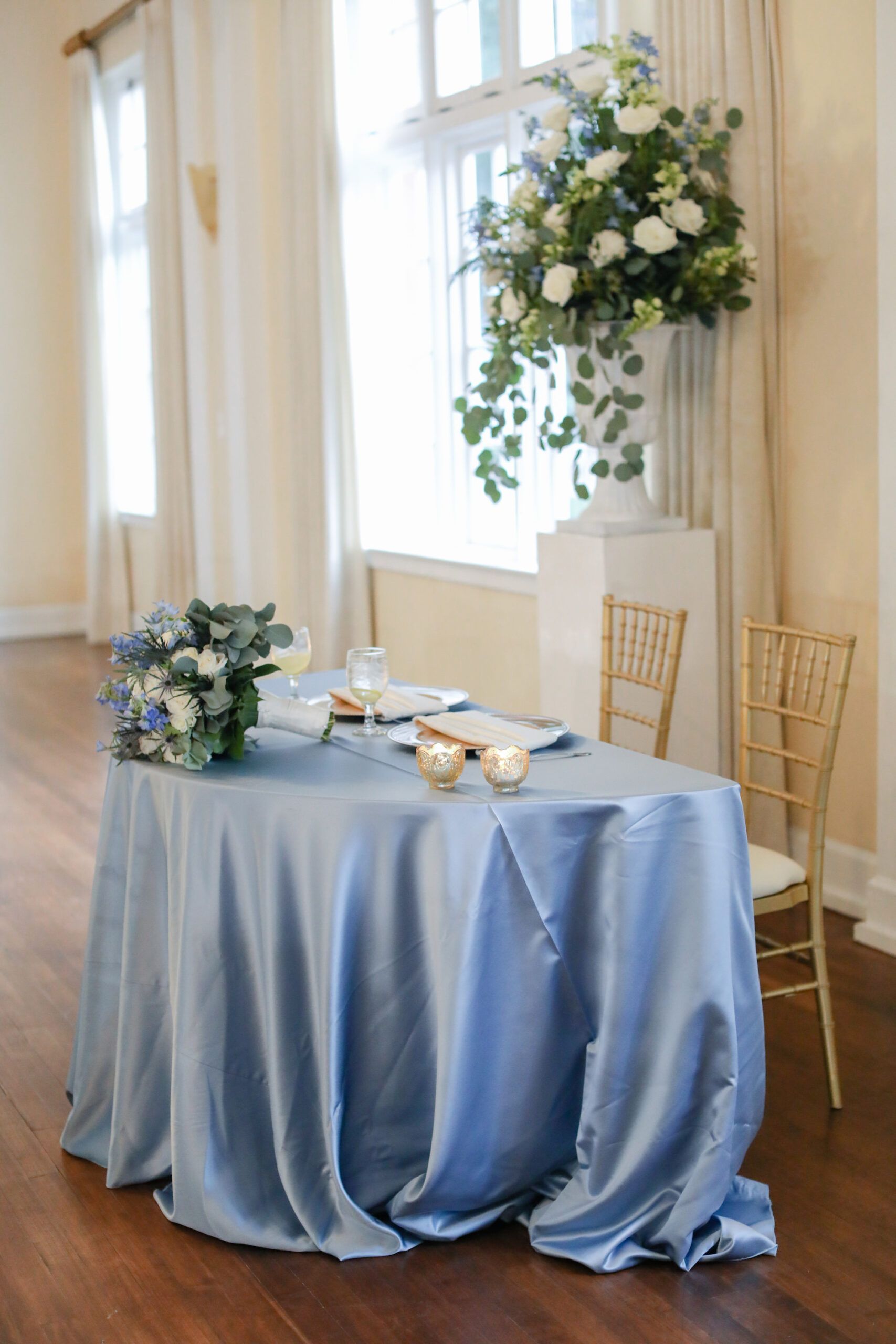 Half Circle Sweetheart Wedding Reception Table | Light Blue Satin Linen