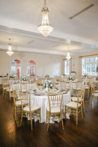 Elegant Indoor White Ballroom Wedding Reception | Gold Chiavari Chairs | Tampa Bay Venue The Orlo