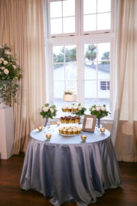 Blue Satin Linen | Cupcake and Single Tiered Wedding Cake Dessert Table Inspiration