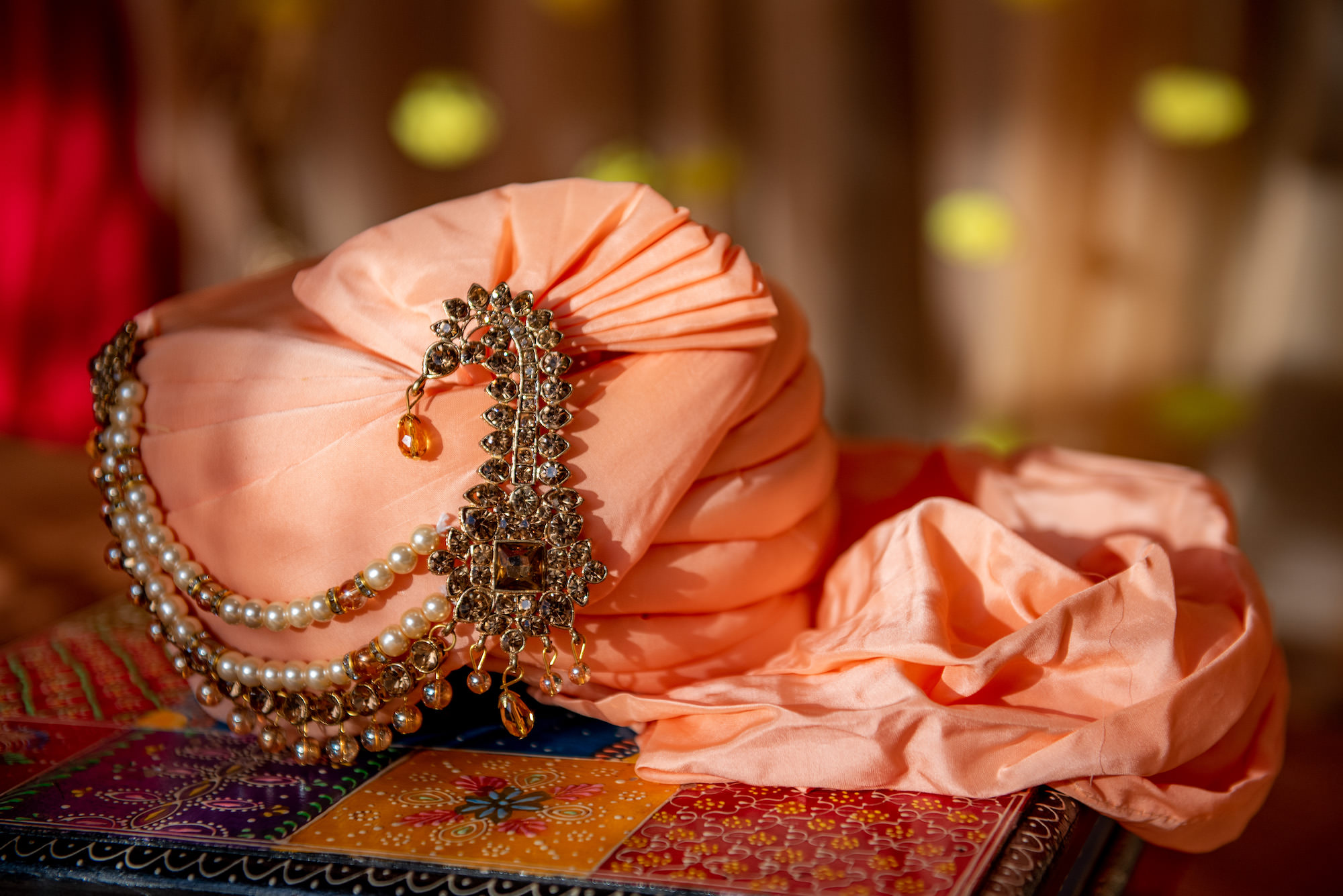 Bejeweled Menswear Turban, Orange Coral Blush Silk with Peals and Gemstones