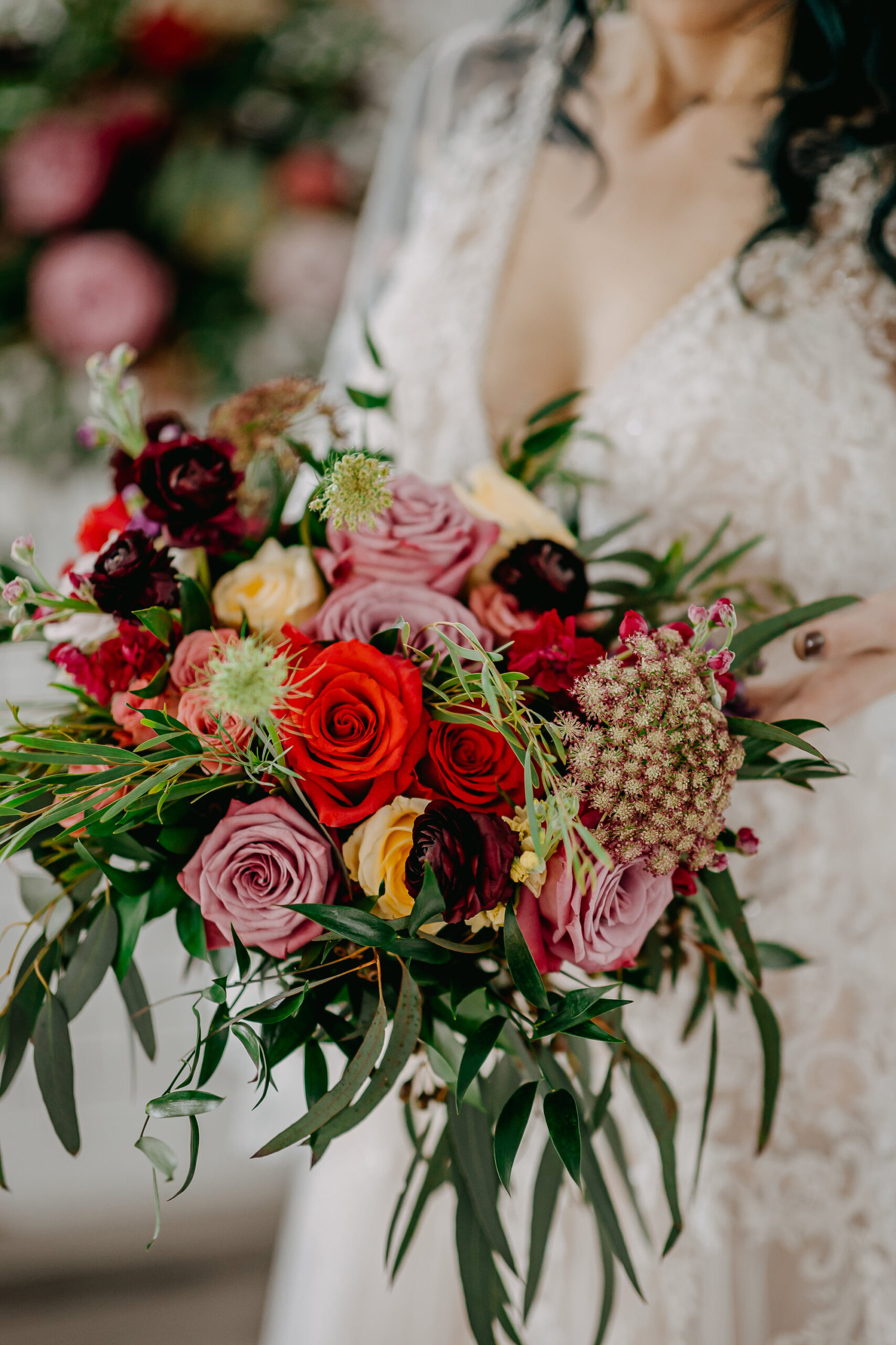 Maroon, Red, Pink, and Yellow Roses with Greenery Cascading Wedding Bridal Bouquet | Tampa Bay Florist Monarch Events And Design