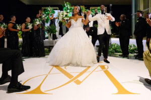 Ivory Off-the-shoulder Beaded Ballgown Wedding Dress | Tropical Evening Florida Wedding Ideas | Personalized Flooring Initials Inspiration