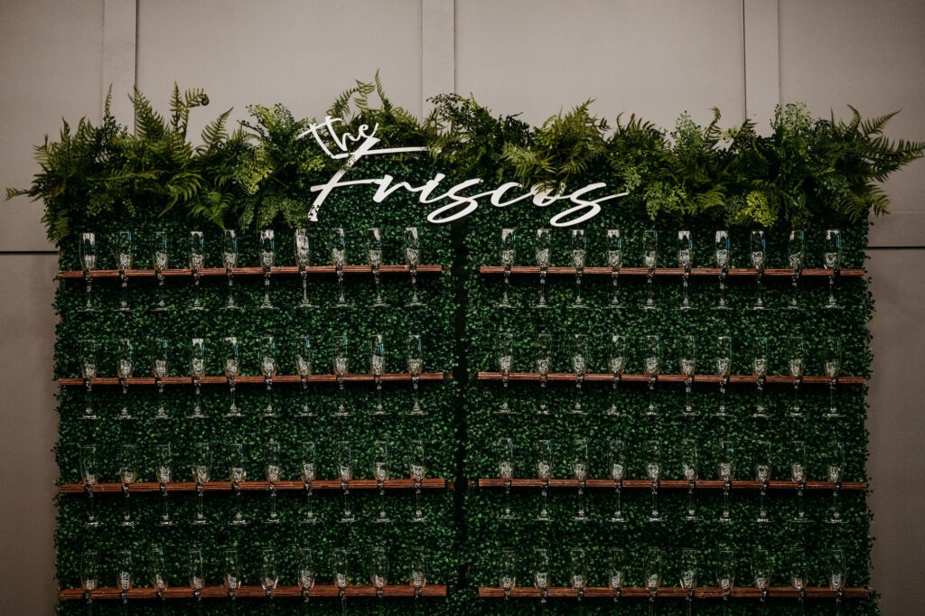 Greenery Champagne Wall with Last Name Cursive Acrylic Sign Wedding Reception Inspiration