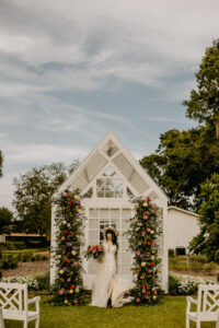 Modern White Greenhouse Outdoor Garden Wedding Ceremony with Tall Ceremony Altar Floral Arrangements | Tampa Bay Venue Cross Creek Ranch | Florist Monarch Events and Design