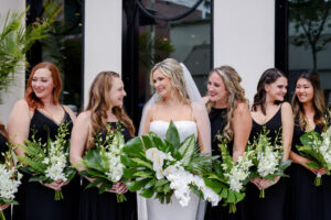 Greenery and White Bridal and Bridesmaids Bouquet | Bride and Bridesmaids in All Black Floor Length Gowns with White and Greenery Bouquets | Wedding Florals Bruce Wayne Florals | Lifelong Photography