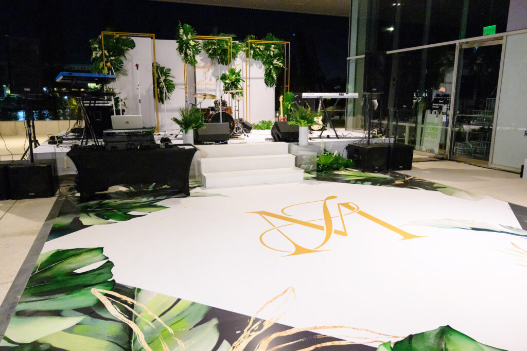 Live Wedding Reception Band Stage with Tropical Monogrammed Dance Floor Ideas