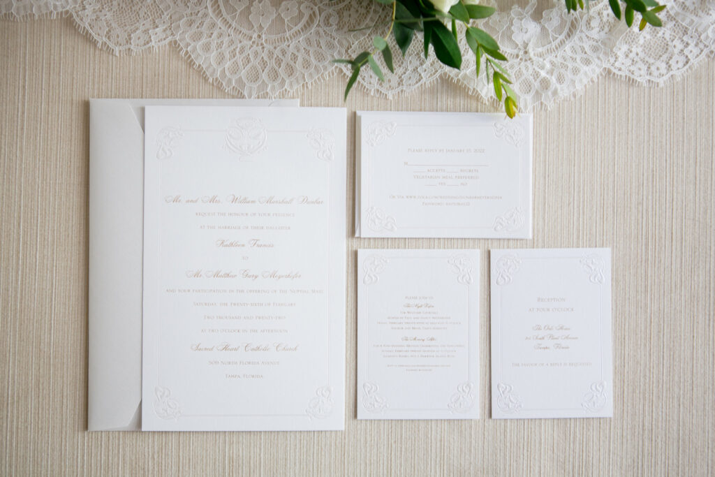 Traditional and Timeless Embossed White and Blush Wedding Invitation Suite Ideas