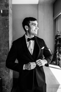 Groom Getting Ready in Black and White Wedding Portrait Ideas
