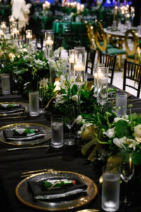 Black Linen and Long Feasting Table | Tropical Wedding Reception Tabletop Centerpieces with Floating Candles