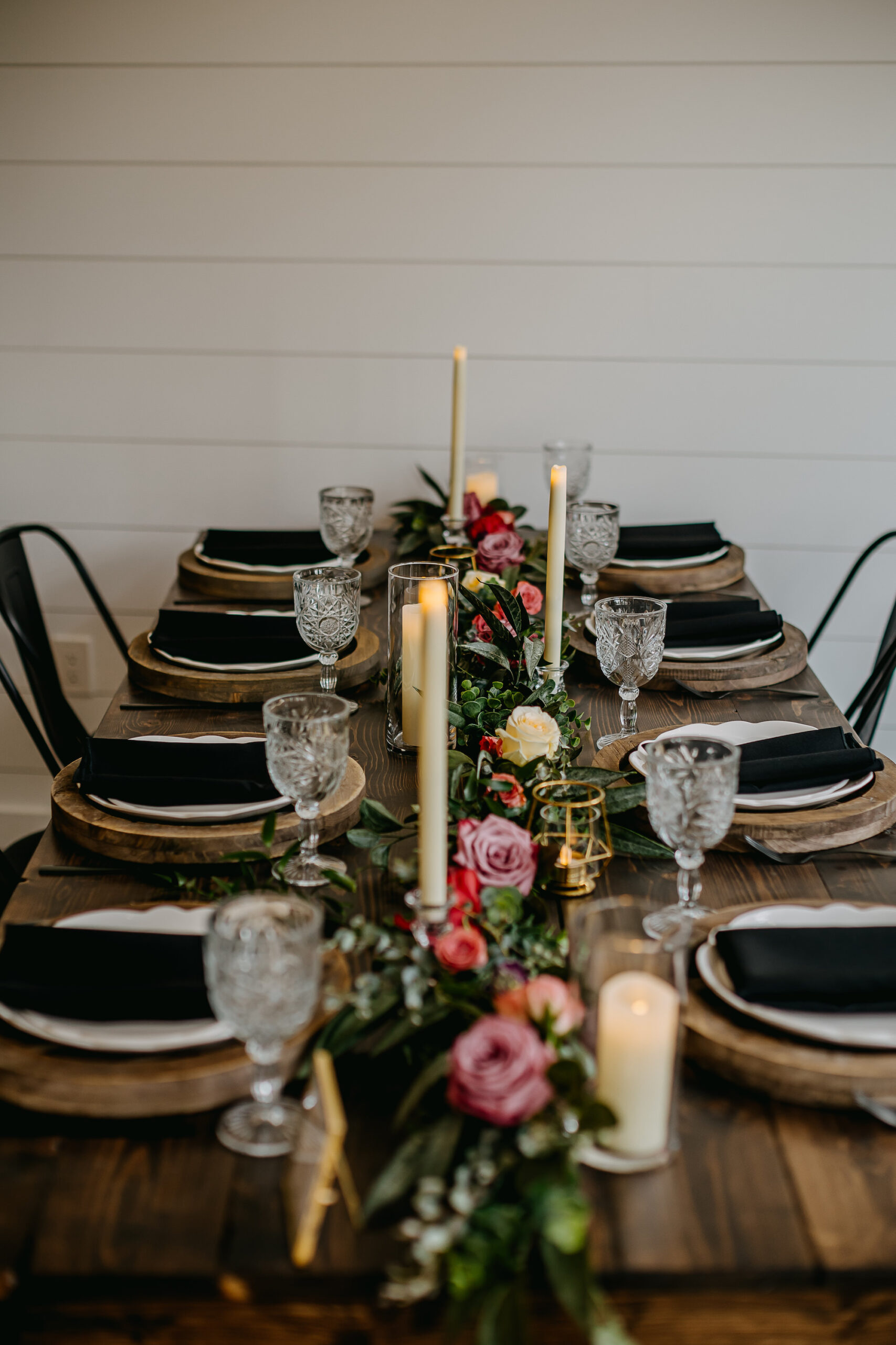 Moody Modern Rustic Wedding Reception Ideas | Tablescape with Flameless Candles and Long Floral Greenery and Rose Centerpieces | Tampa Bay Wedding Florist Monarch Events and Design