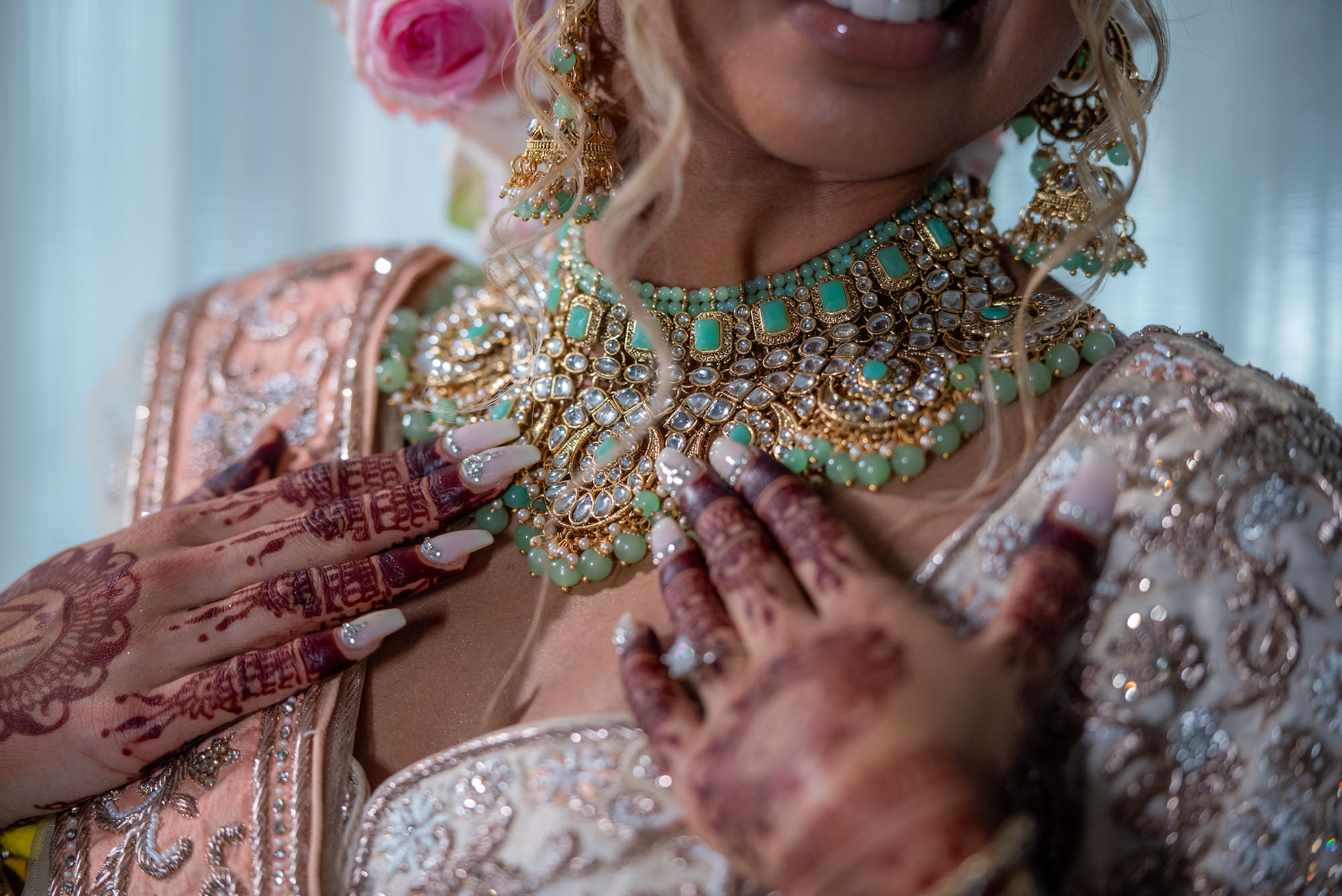 Florida Bride In Traditional Turquoise Necklace, Henna, Designed Nails, Indian Wedding