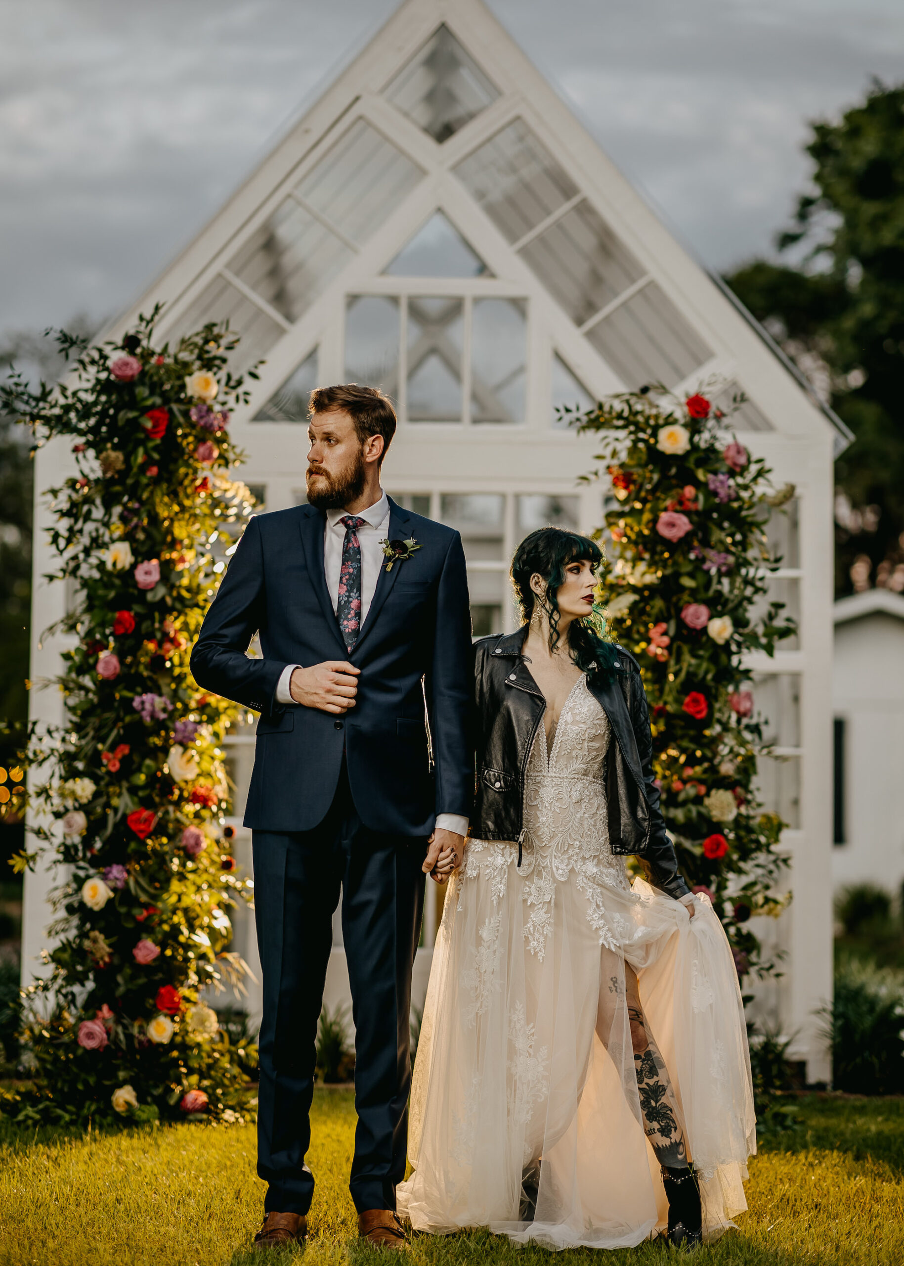 Modern Moody White Greenhouse Outdoor Garden Wedding Ideas | Bride in Leather Jacket | Tampa Bay Venue Cross Creek Ranch | Florist Monarch Events and Design