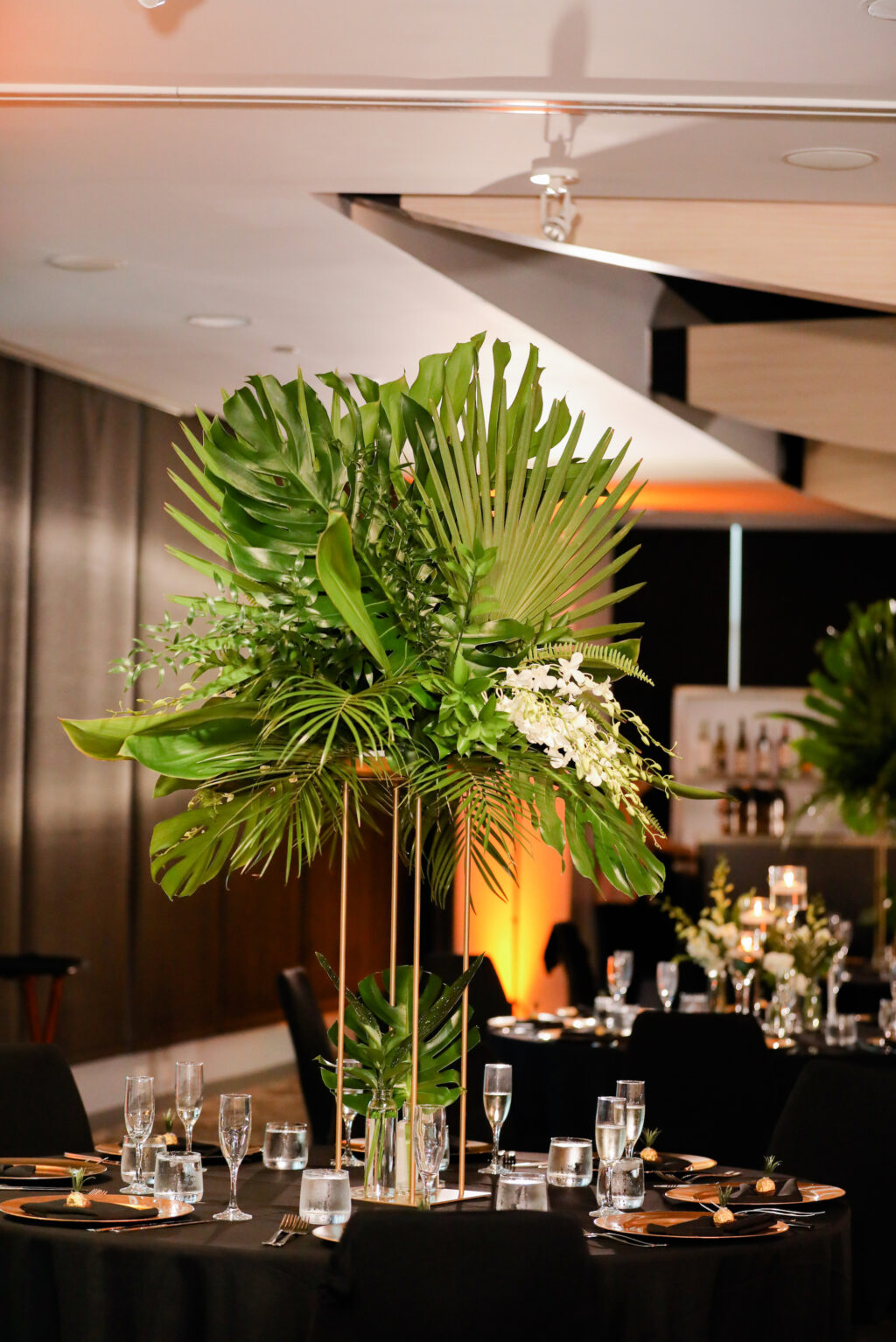Greenery Centerpieces in Reception Dining Hall | Bruce Wayne Florals