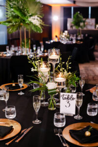 Greenery Centerpieces in Reception Dining Hall | Bruce Wayne Florals