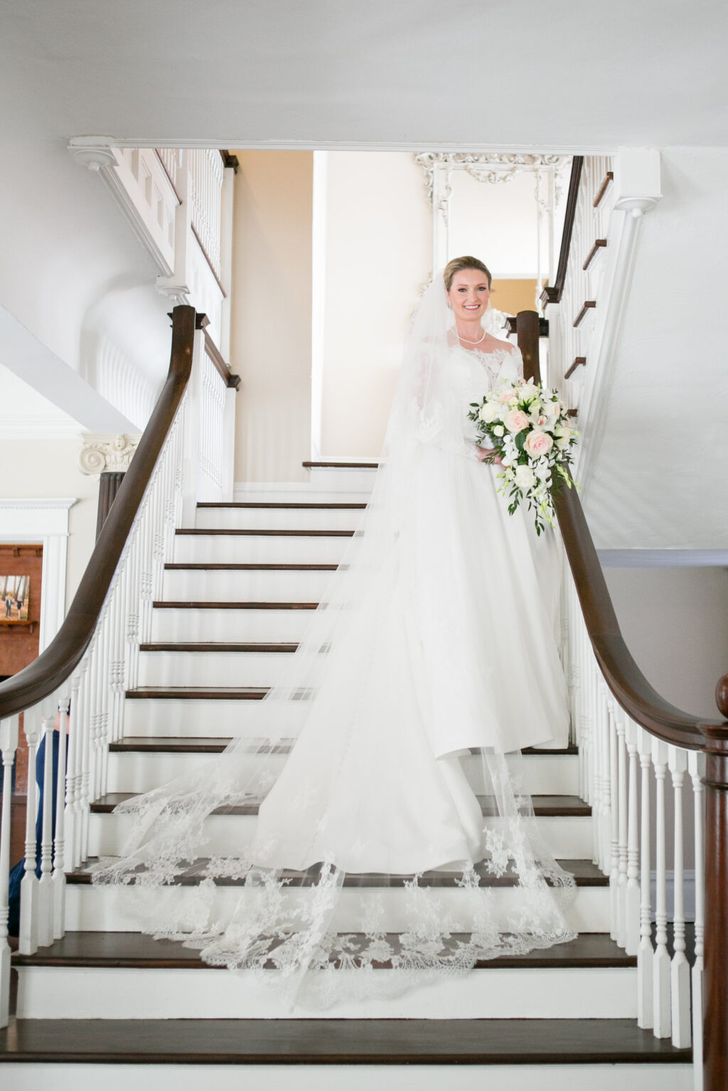 Ivory A-Line Wedding Dress with Off-the-shoulder Lace Long-sleeve Overlay Inspiration | Chapel Length Lace Veil Ideas | Tampa Bay Boutique Truly Forever Bridal | Photographer Carrie Wildes Photography