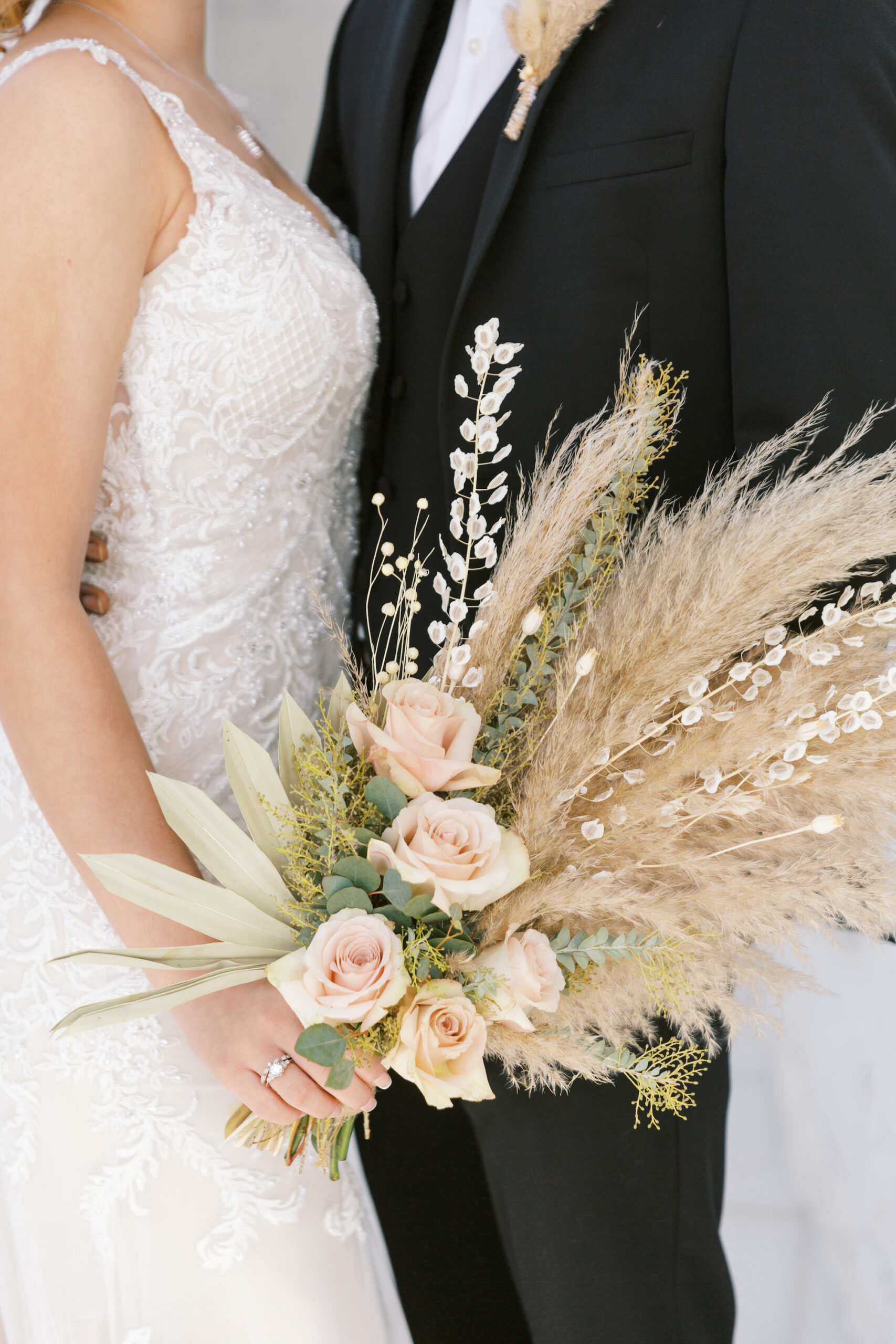 Boho Old Hollywood Gatsby Inspired Bridal Bouquet with Pampas Grass and Blush Pink Roses