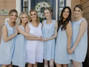 Bride and Bridesmaids Getting Ready Wedding Portrait | Matching Light Blue Nightdowns | Tampa Bay Hair and Makeup Artist Femme Akoi Beauty Studio