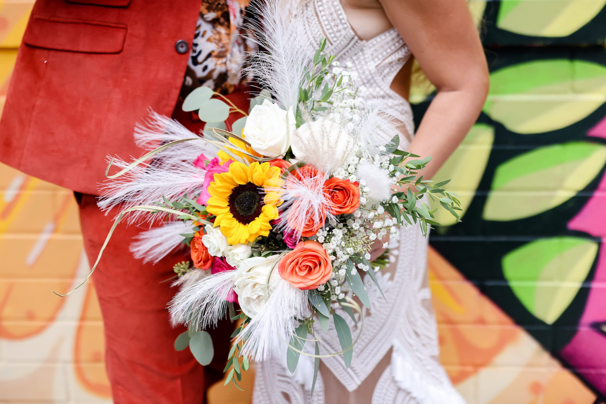 Orange and Sunflower with Feathers Fall Boho Bridal Wedding Bouquet Ideas
