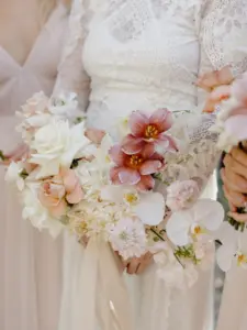 Romantic White and Pink Bridal Wedding Bouquet Ideas | Orchid, Rose, Carnation, Stock Flowers, and Hydrangeas Floral Arrangement Inspiration