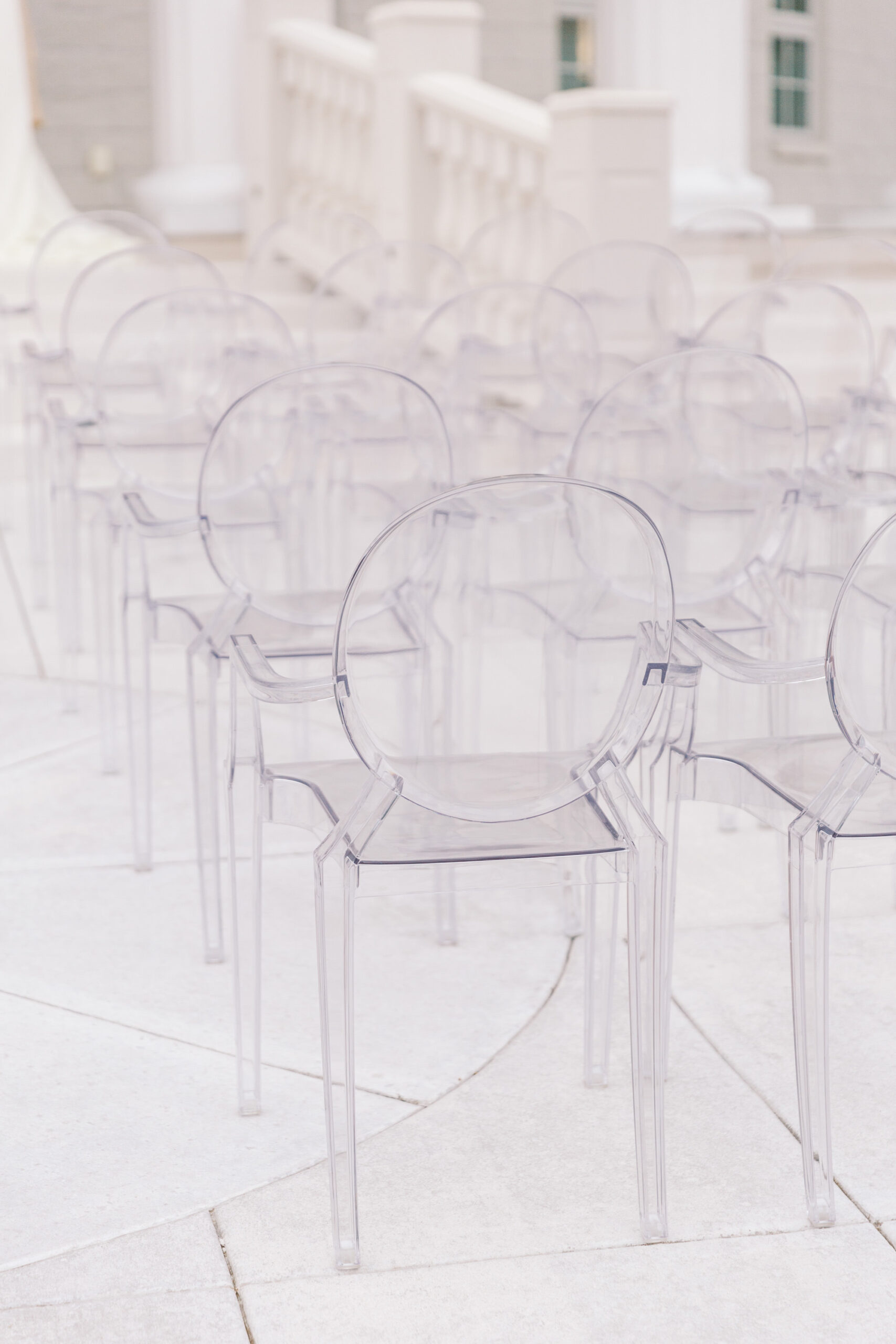 Vintage Old Hollywood Gatsby Inspired Wedding Ceremony at The Whitehust Gallery Wedding Venue, Clear Acrylic Ghost Chairs | Tampa Bay Rentals Outside The Box Event Rentals
