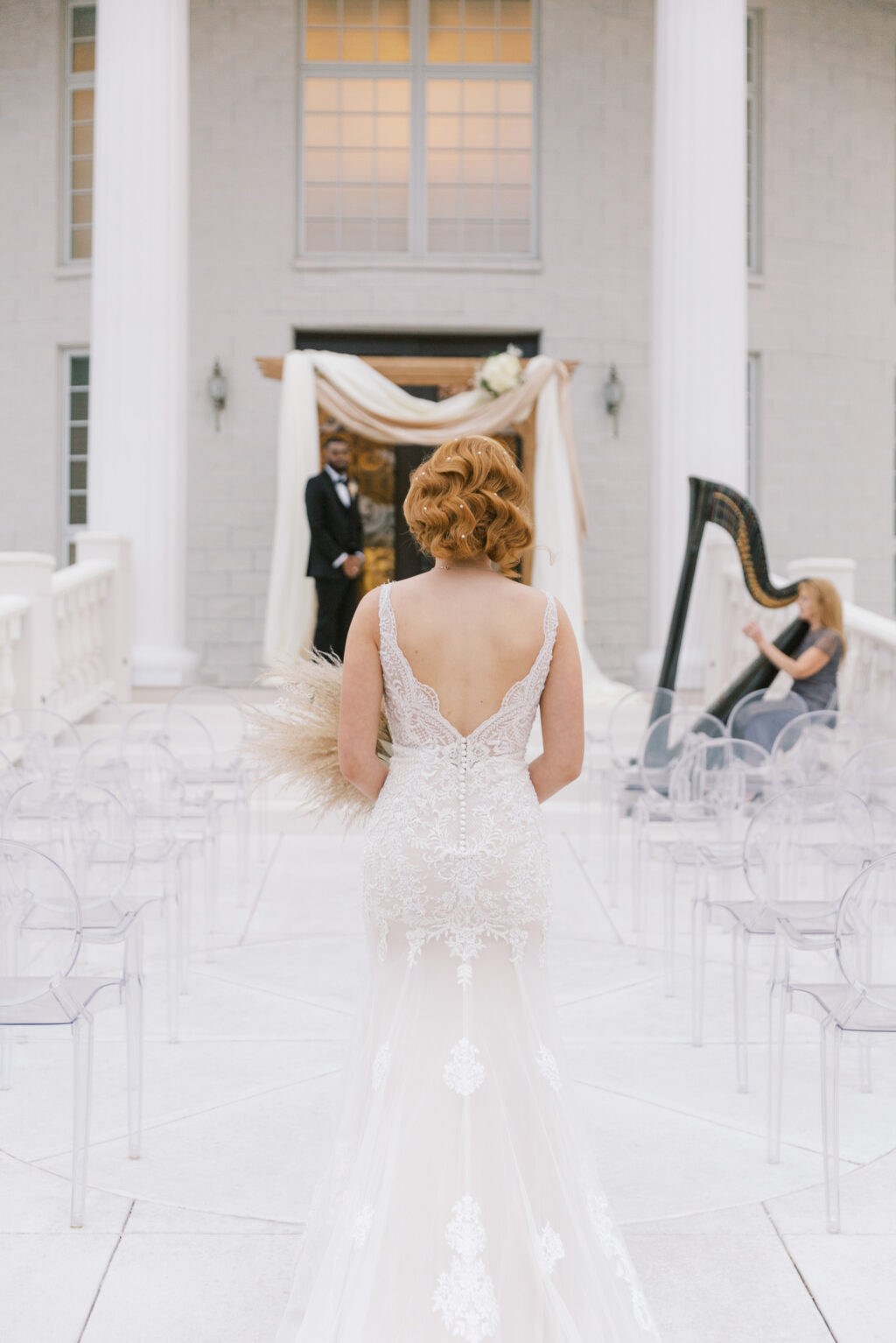 Vintage Old Hollywood Gatsby Inspired Wedding Ceremony with Harpist | Florida Venue The Whitehurst Gallery | Tampa Bay Hair and Makeup Femme Akoi Beauty Studio