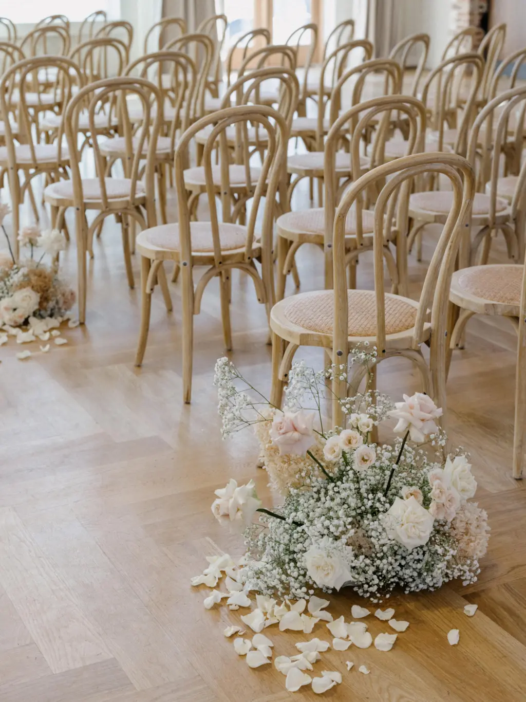 Baby's Breath, Pink Roses, and Cream Hydrangeas Aisle Floral Arrangement Wedding Ceremony Inspiration