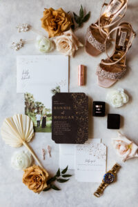 Dark Brown Black, White, and Gold Foil Wedding Invitation Suite