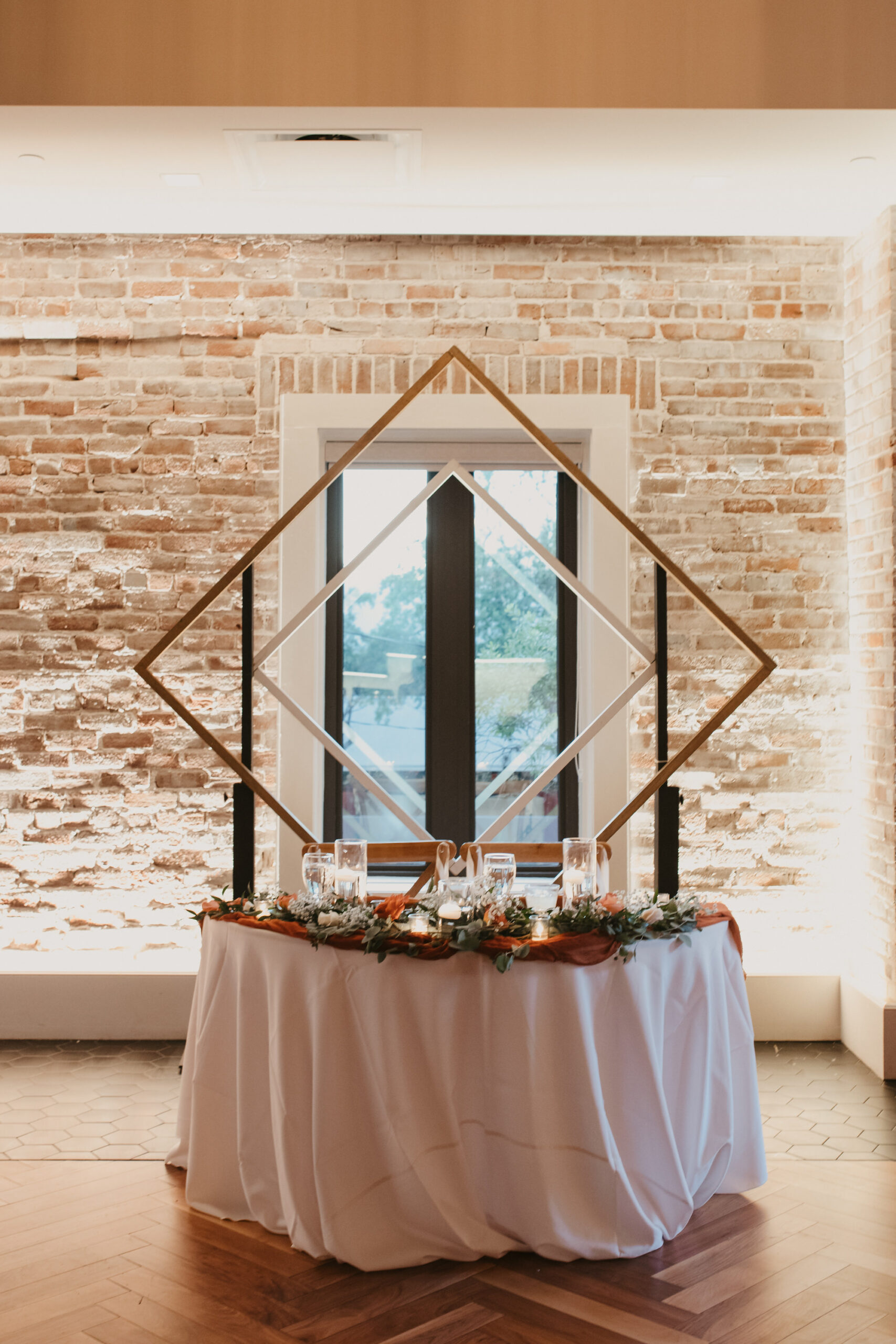 Double Diamond Geometric Backdrop for Sweetheart Table Ideas | Boho Wedding Reception Inspiration