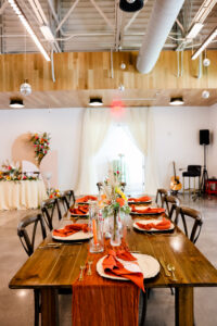 Fall Boho Indoor Wedding Reception Rectangular Tablescape Inspiration | Tampa Bay Wedding Venue Florida Avenue Brewing Company | Outside the Box Rentals