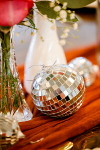 Unique Wedding Reception Disco Ball Centerpiece Ideas | Fall Orange Terracotta Table Runners