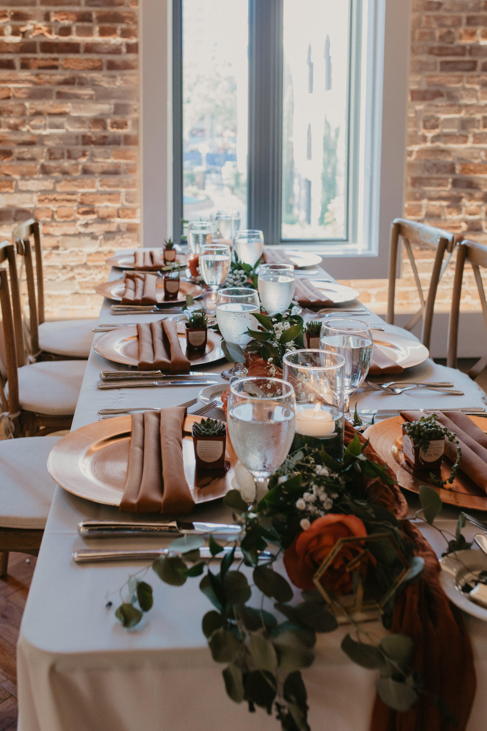 Boho Wedding Reception Table Setting Inspiration | Eucalyptus Garland Centerpiece Ideas | Gold Chargers and Flatware
