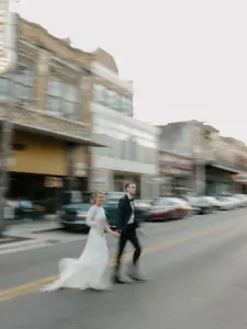 Bride and Groom Walking the Streets of Ybor Wedding Portrait